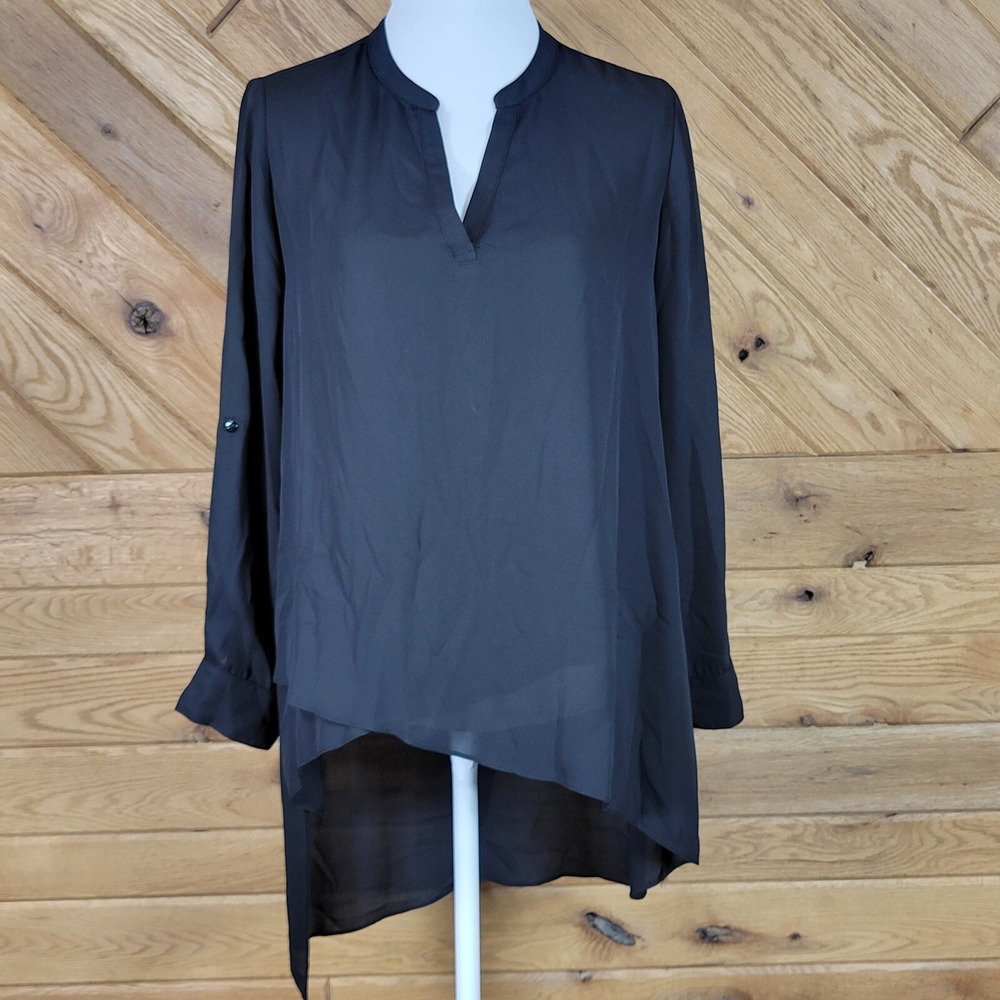 Joseph Ribkoff Womens Top Sheer Tunic Blouse High Low Hem Roll Tab Sleeve Size 8